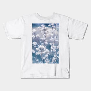 White Flowers With Blue and Grey Background Kids T-Shirt